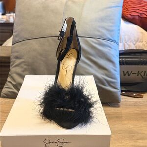 Jessica Simpson Black Feathered Ankle-Strap Stiletto